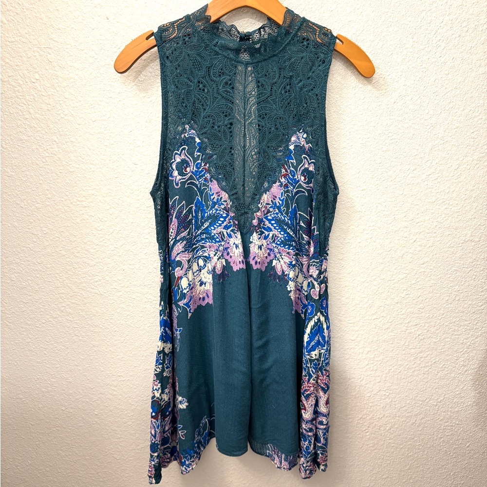 Vintage Free People Teal and Purple Lace Floral Tank intimates